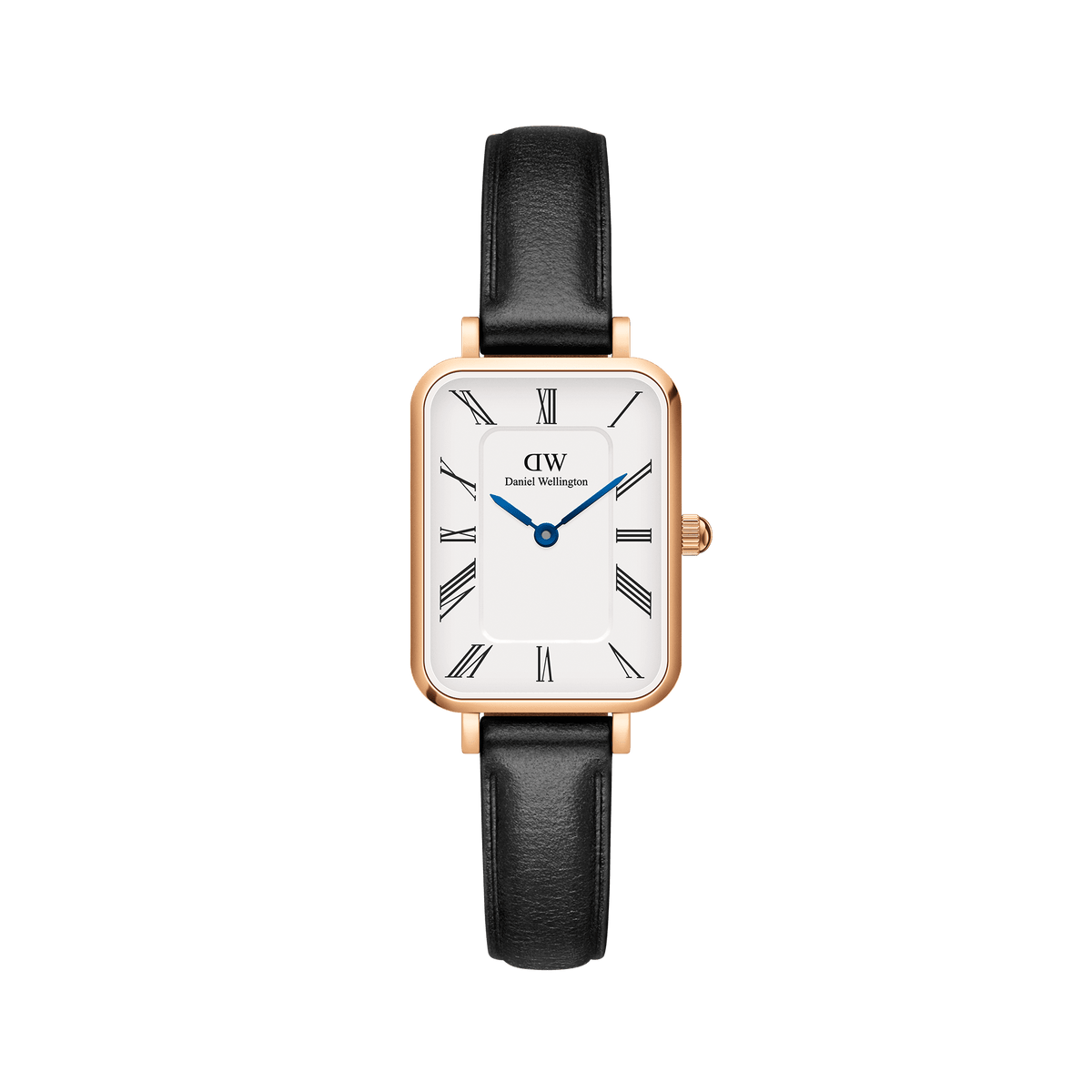 Rectangular rose gold women’s watch with a white dial, black Roman numerals, blue steel hands, and a black leather strap.