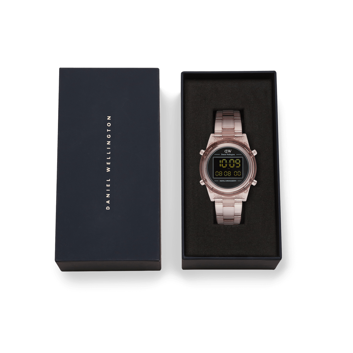 Retro Digital Dark Pink watch with a transparent pastel pink strap and black digital dial, presented in an elegant Daniel Wellington gift box.