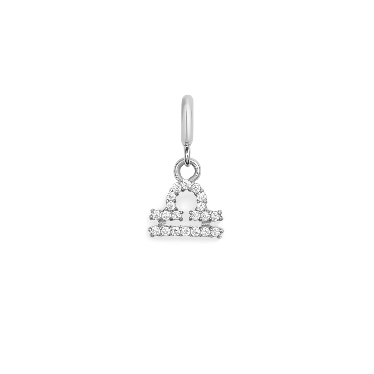Libra zodiac watch charm in polished silver stainless steel, featuring the Libra symbol embellished with sparkling cubic zirconia crystals in a refined claw setting.