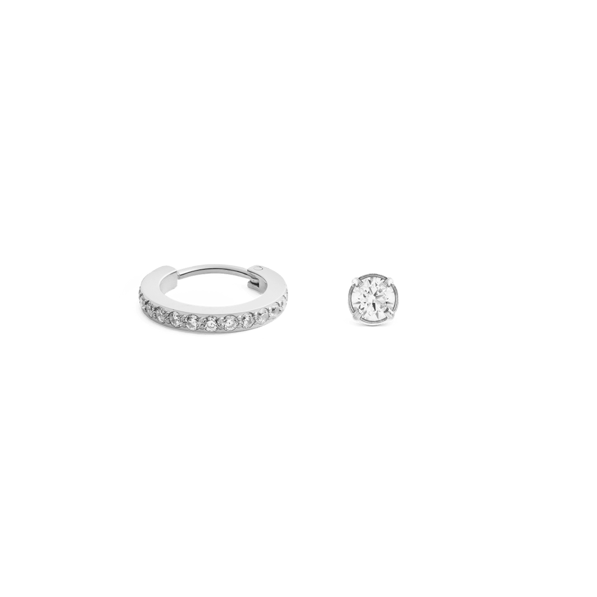 Silver earring set featuring a crystal-adorned hoop and a matching crystal stud, both crafted in a minimalist style for versatile, elegant wear.