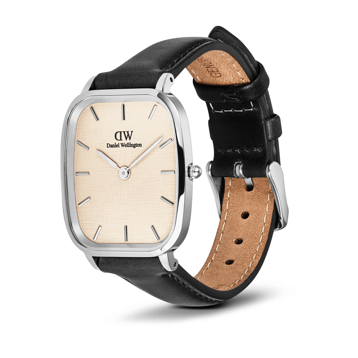 Daniel Wellington Marlon Sheffield Linen Silver watch with beige linen dial, silver cushion case, and black leather strap.