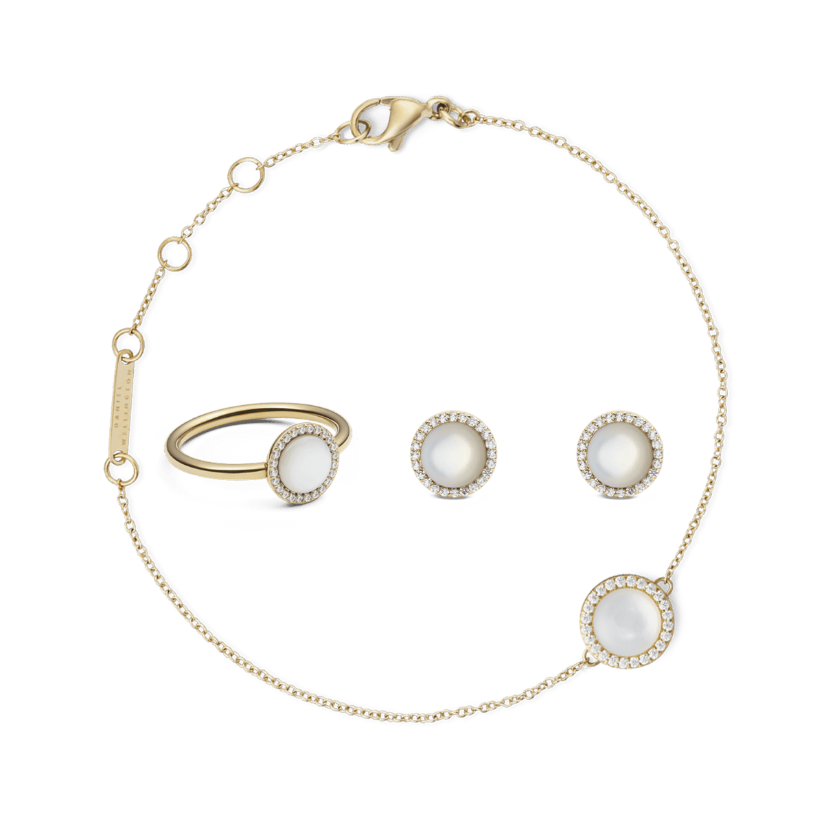 Gold jewellery set featuring a delicate bracelet, matching ring, and stud earrings, each adorned with a round mother of pearl centrepiece surrounded by a halo of white crystals. The set showcases a refined, timeless design with a warm gold finish and adjustable bracelet clasp.