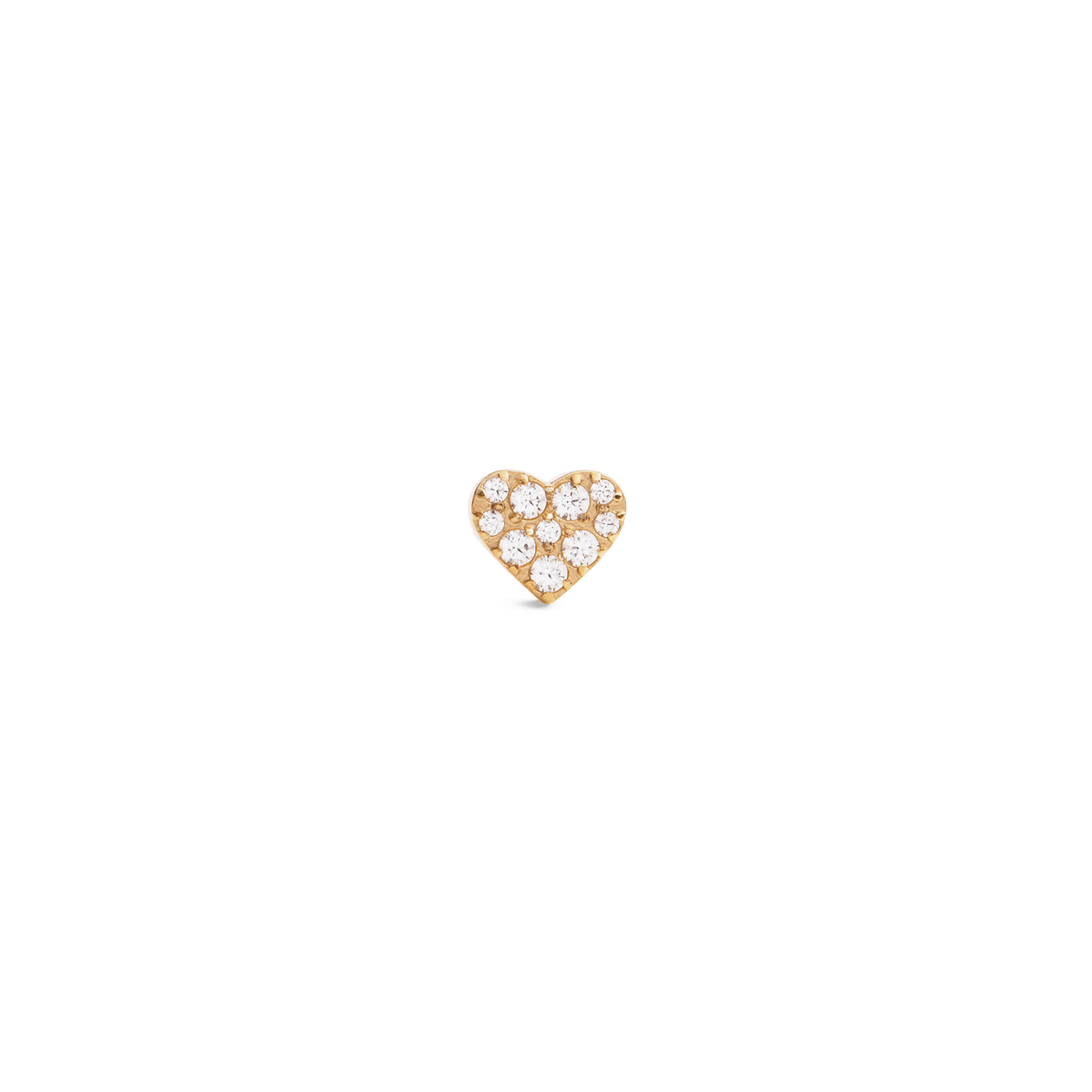 Petite gold heart stud earring set with nine sparkling cubic zirconia crystals in a claw setting.