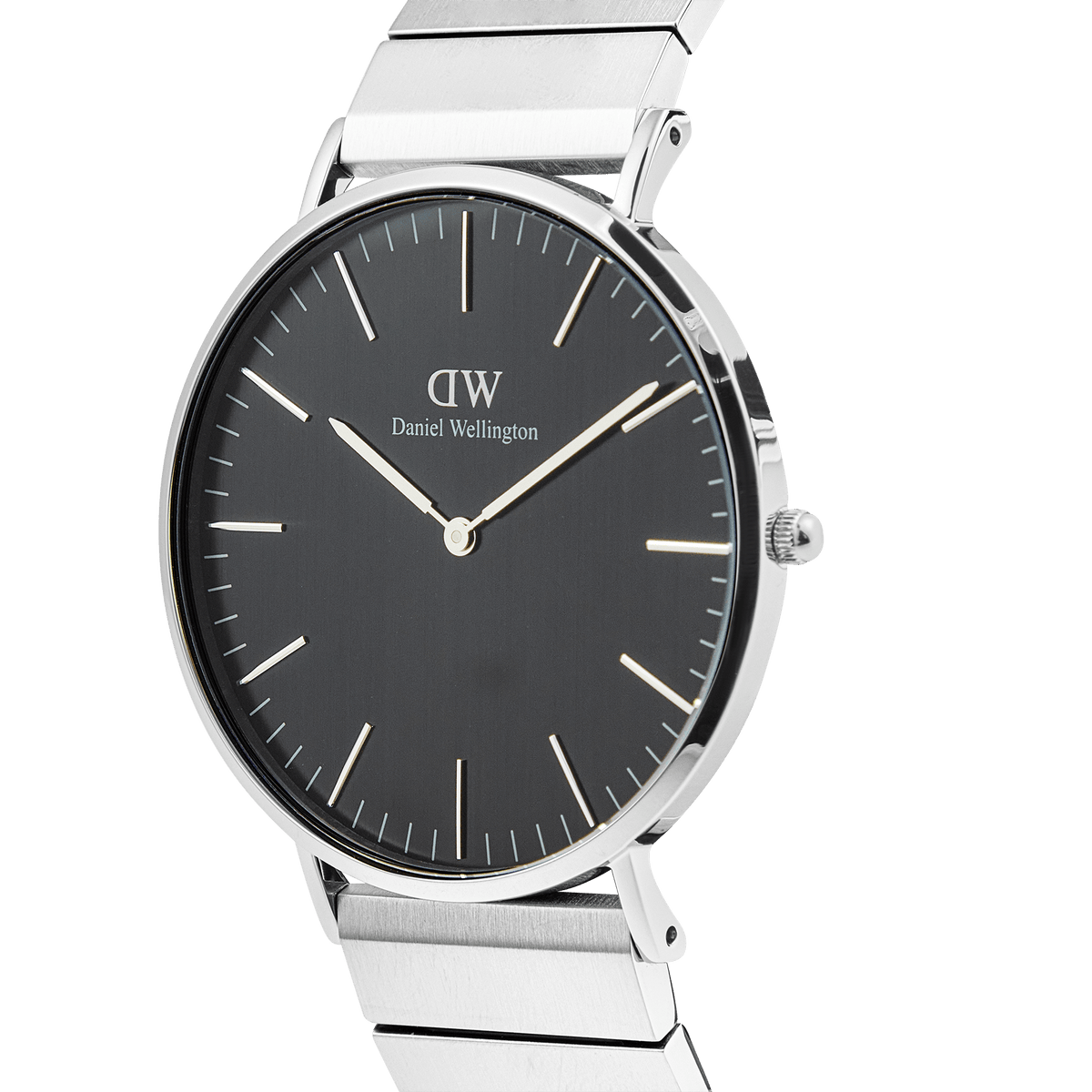Close-up of the Classic Piano Link Onyx Silver watch, showcasing its brushed black dial, minimalist hour markers, and distinctive silver piano link strap.