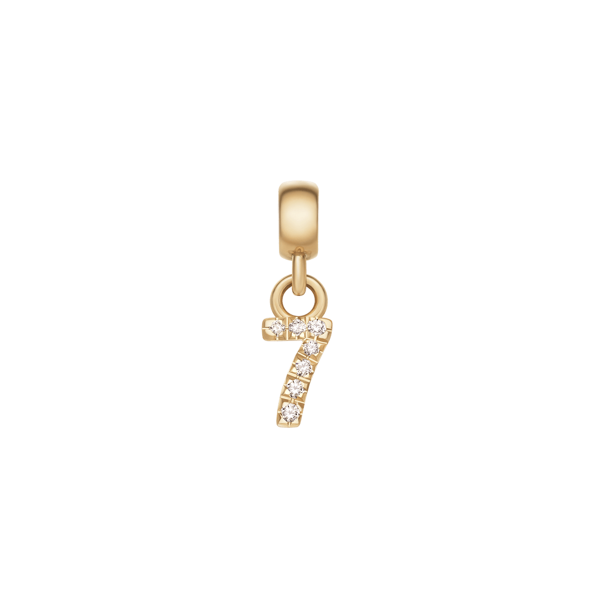Crystal Number Charm Gold in the shape of the number 7, crafted from gold-plated stainless steel and embellished with cubic zirconia crystals.