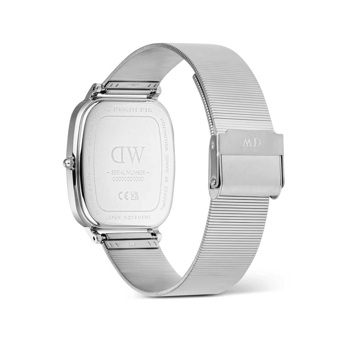 Rear view of the Daniel Wellington Marlon Wire Linen Silver watch, showing the engraved stainless steel case back, adjustable silver mesh strap, and secure clasp fastening.