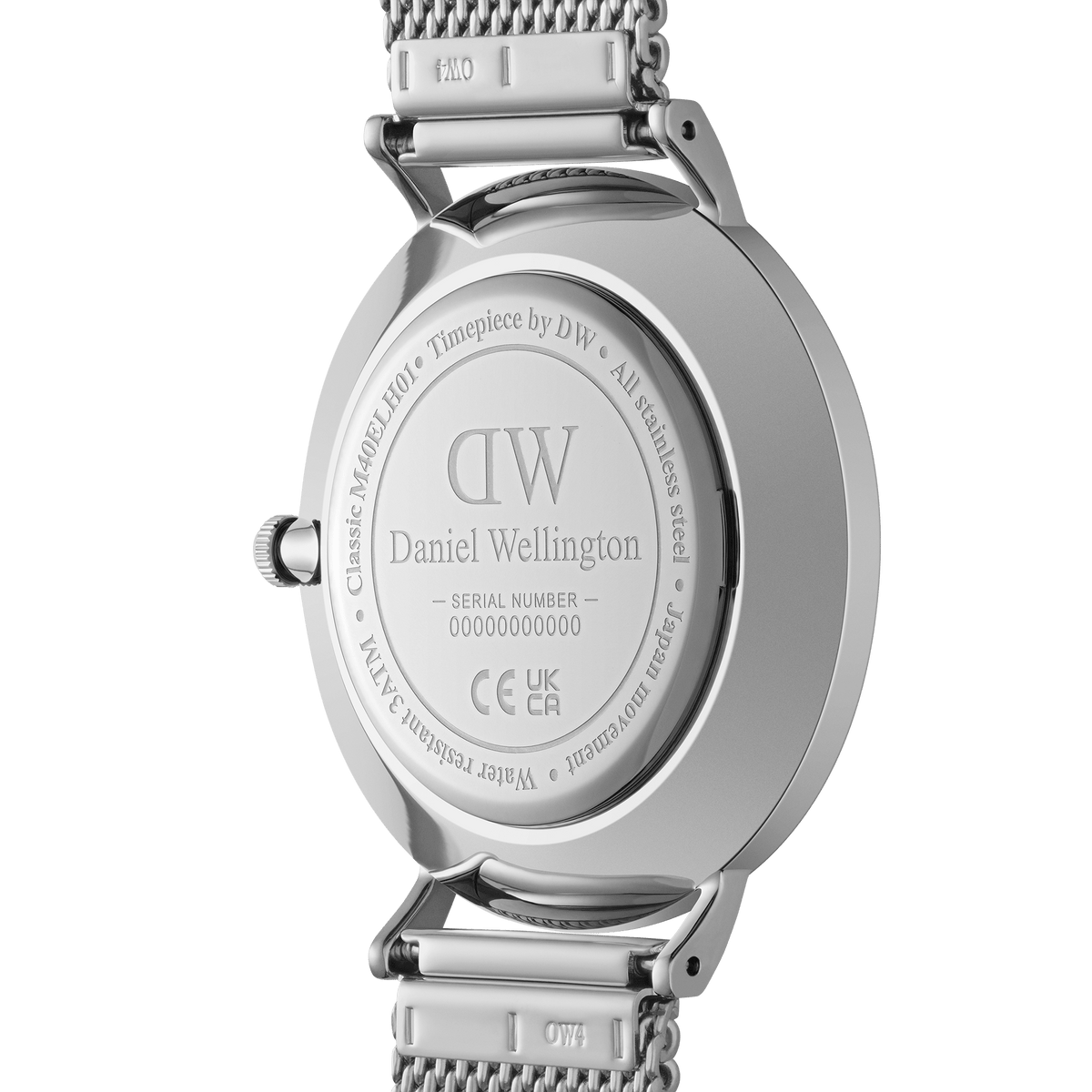 Caseback of the Classic Multi-Eye Sterling Onyx watch, displaying engraved branding, model details, and the polished stainless steel finish with a silver mesh strap.
