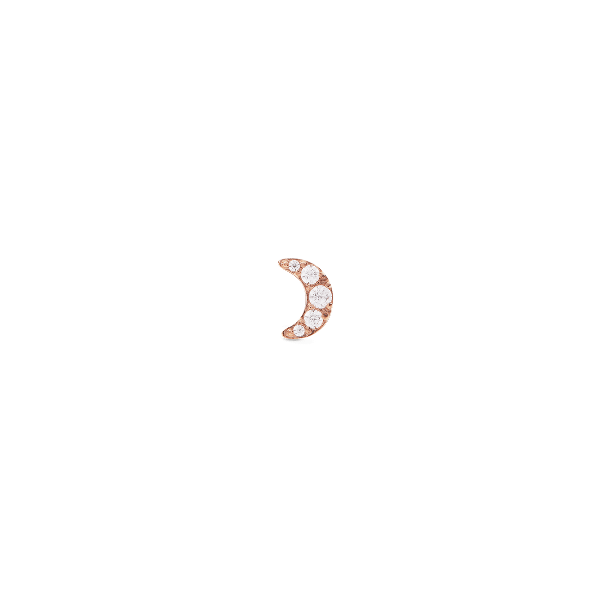 Petite crescent moon stud earring in rose gold, set with five sparkling cubic zirconia crystals in a claw setting.