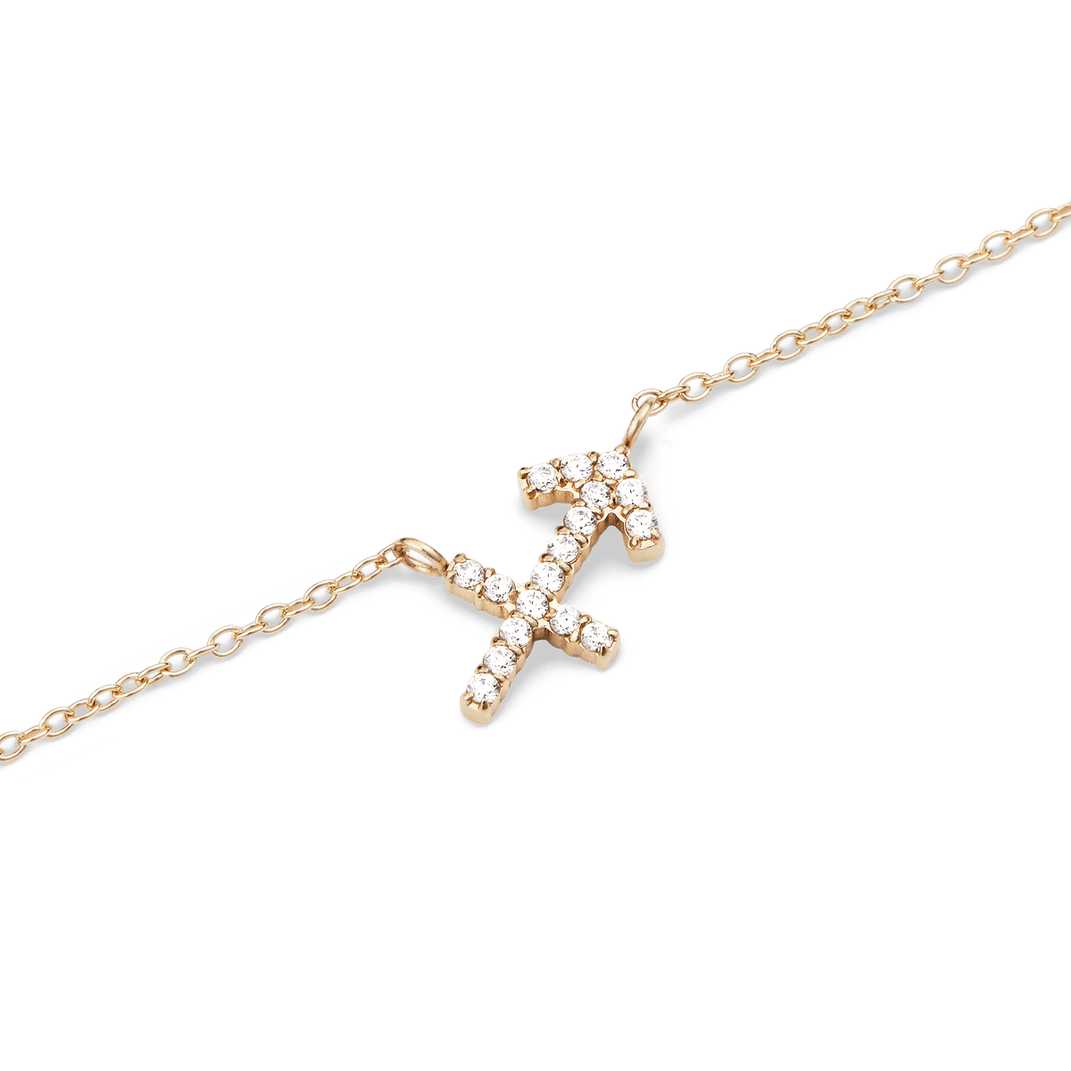 Close-up of the Crystal Zodiac Chain Necklace Gold featuring a Sagittarius pendant adorned with sparkling hand-set crystals on a fine gold-plated chain.