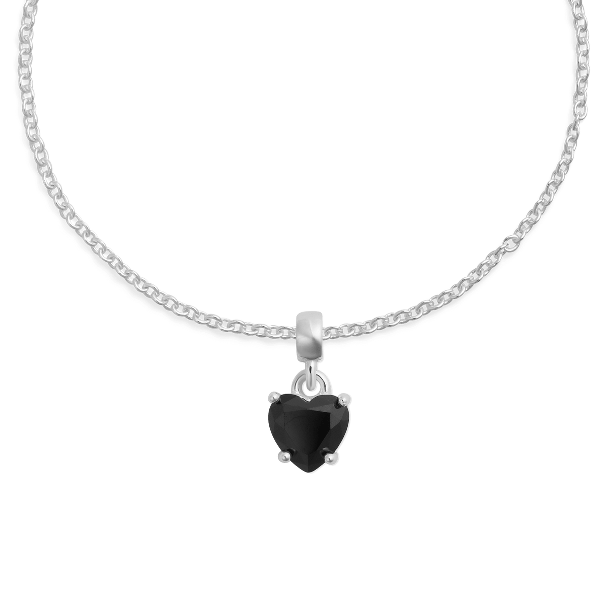 Sterling silver necklace featuring a heart-shaped black cubic zirconia charm in a claw setting, offering a refined and elegant look.