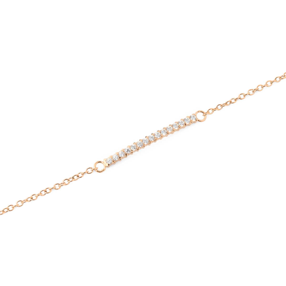 Close-up of the Mirelle Eternity Bracelet Rose Gold, highlighting the slim rose gold chain and the delicate bar set with sparkling white cubic zirconia crystals.