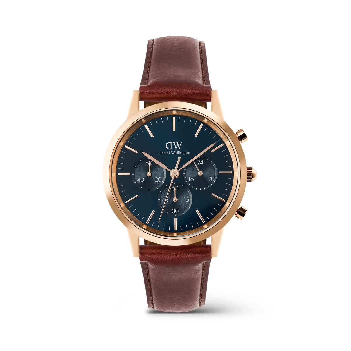 Daniel Wellington Iconic Chronograph St Mawes Arctic Rg men’s watch featuring a rose gold case, blue sunray dial with three sub-dials, and a brown Napa leather strap.