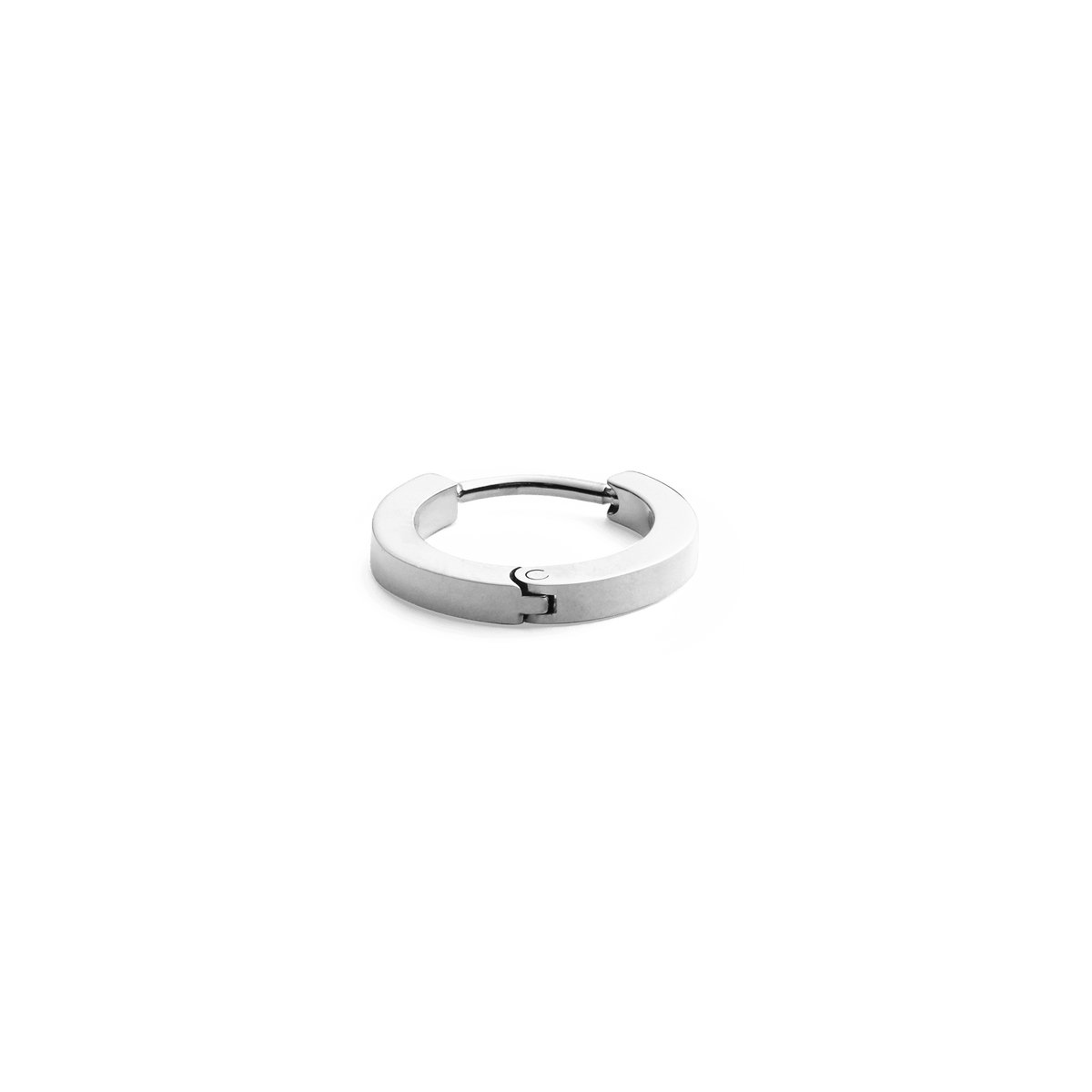 Small polished silver hoop earring with a sleek, minimal design and secure clasp, crafted from stainless steel.