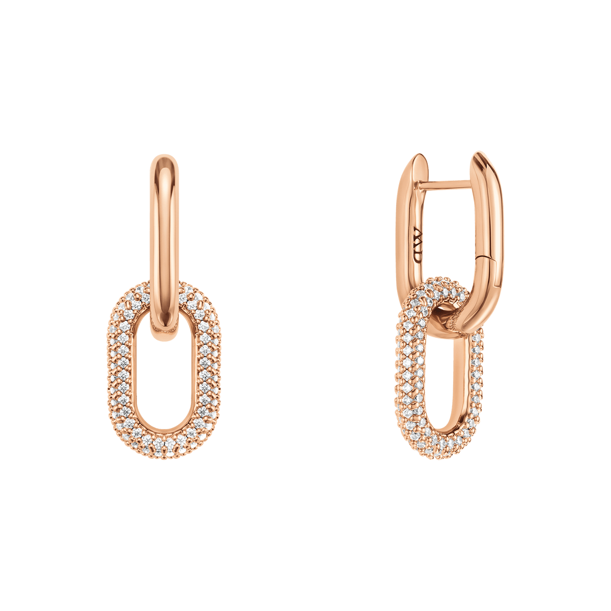 Pair of rose gold plated link earrings featuring a chunky, polished design with oval-shaped links encrusted with sparkling cubic zirconia crystals, shown against a plain background.