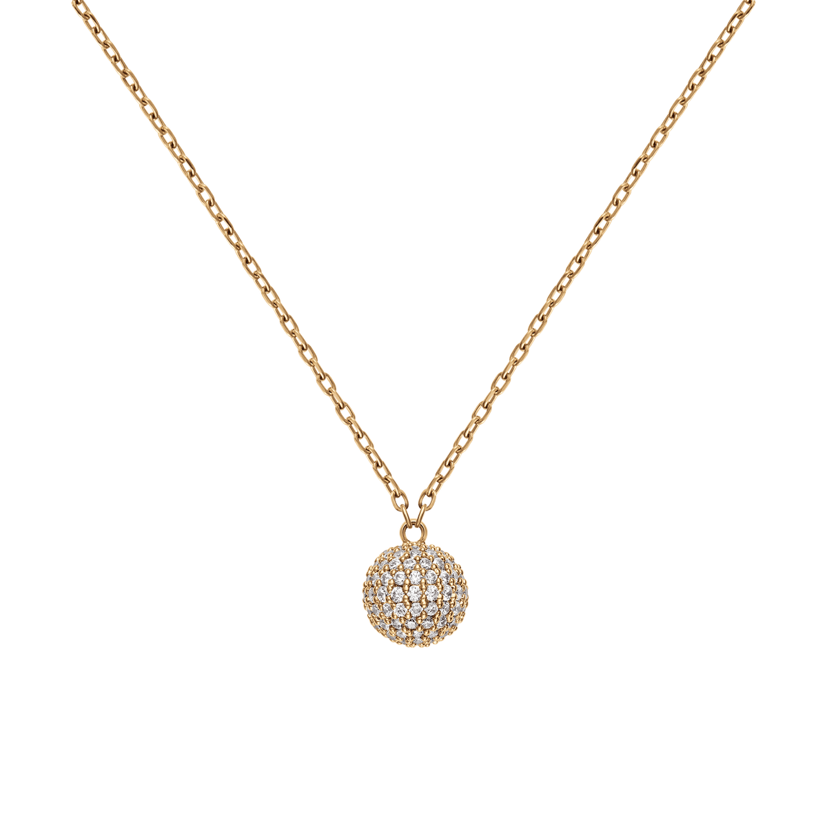 Close-up of the Pavé Crystal Pendant Necklace Gold, featuring a gold chain and a spherical pendant encrusted with sparkling cubic zirconia crystals.