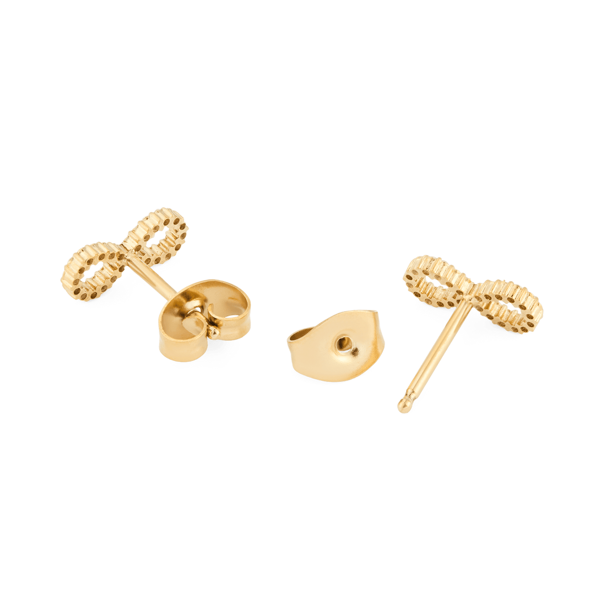 Back view of the Mirelle Infinity Earring Gold, highlighting the gold-plated stainless steel infinity studs with secure butterfly fastenings and textured detailing.