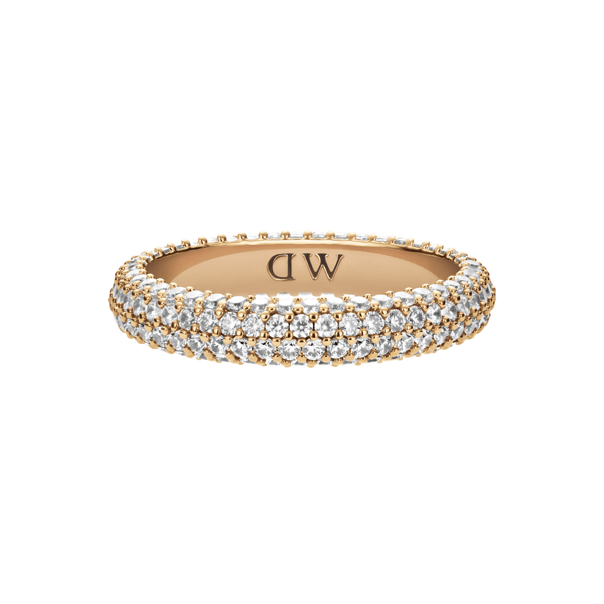 Pavé Crystal Ring Gold featuring three rows of sparkling cubic zirconia on a gold-plated band with DW engraving.
