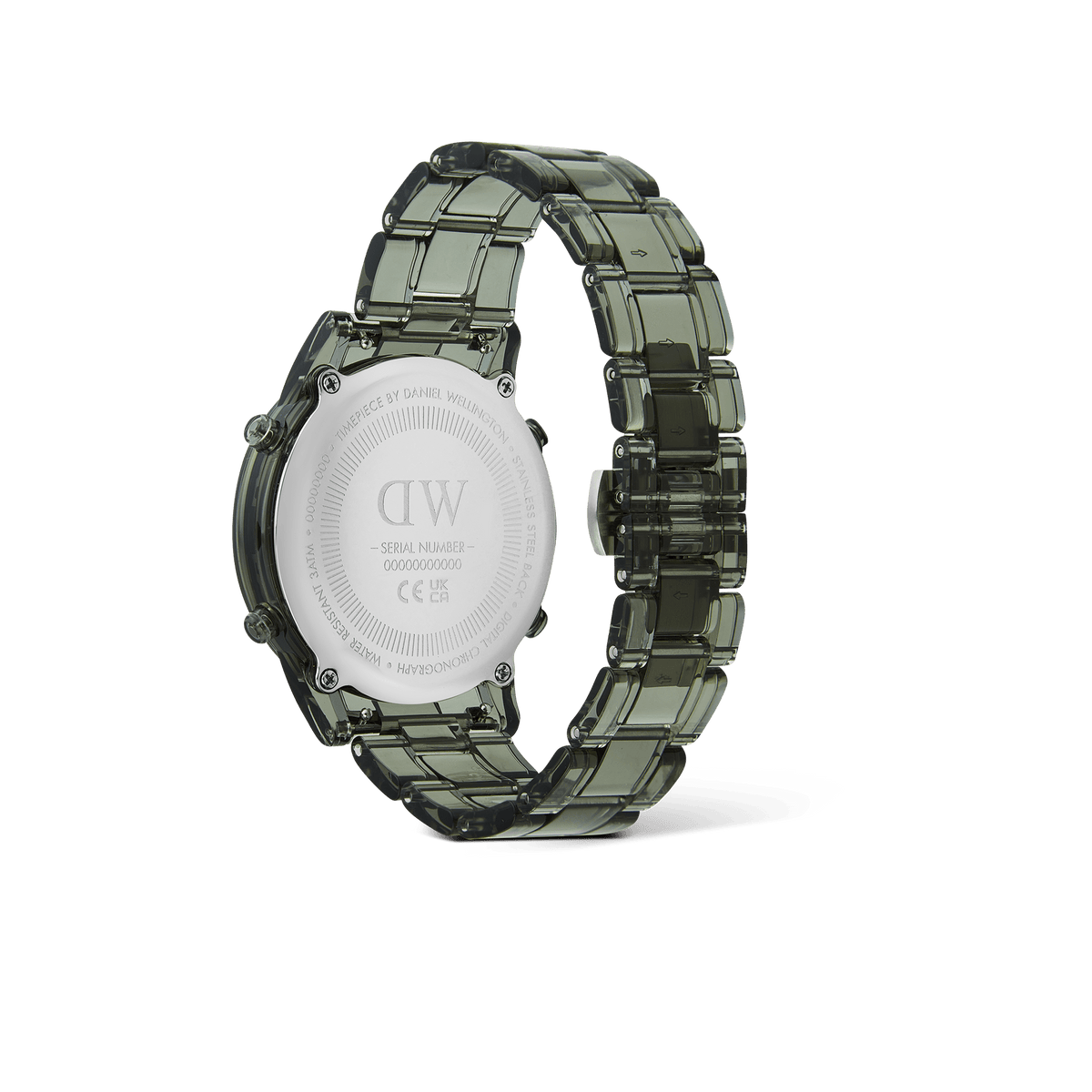 Rear view of the Retro Digital Dark Green watch showing the engraved stainless steel case back and transparent dark green bio-based plastic strap.
