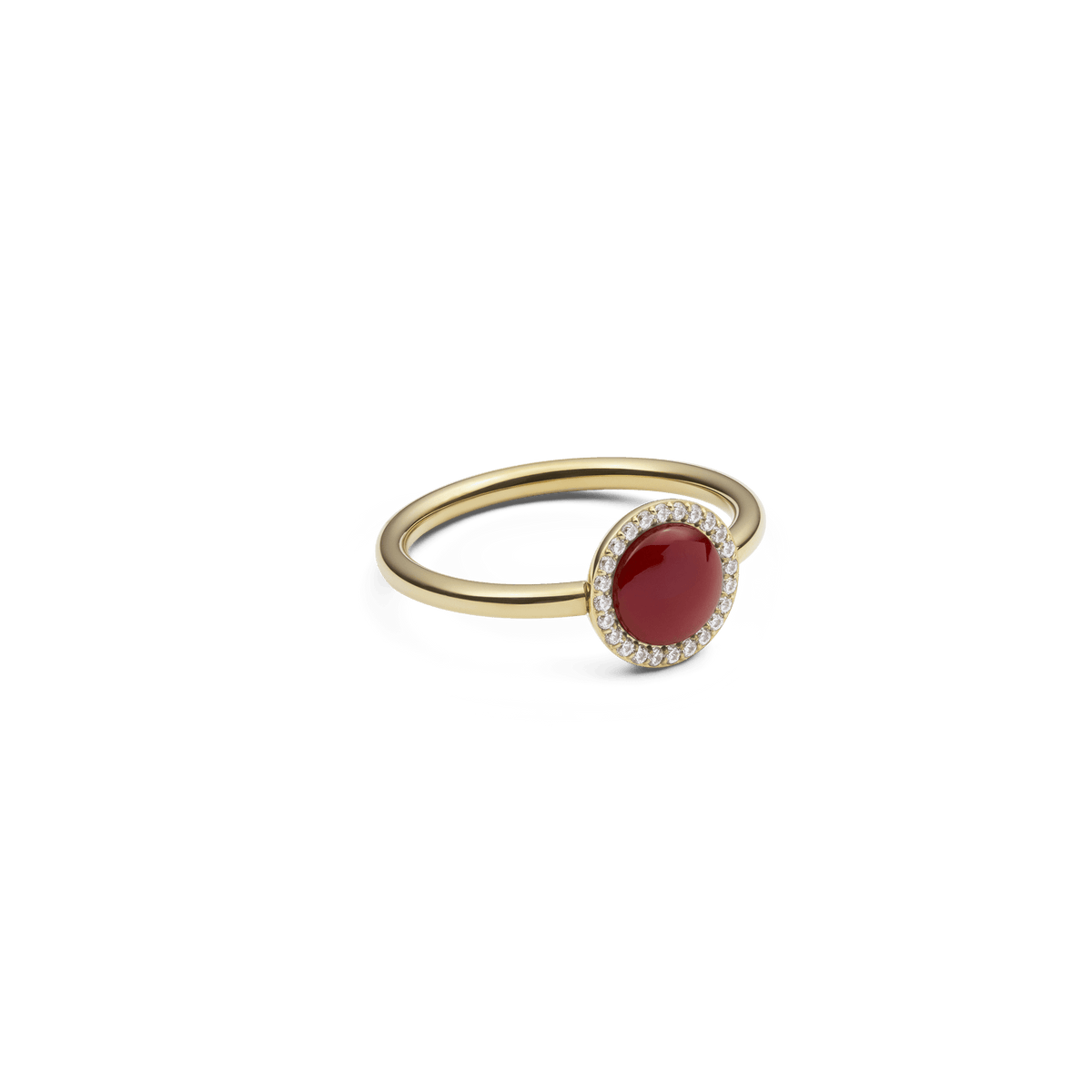 Audrey Ring Red Agathe Gold with domed red agate centre, gold band and halo of white cubic zirconia crystals.