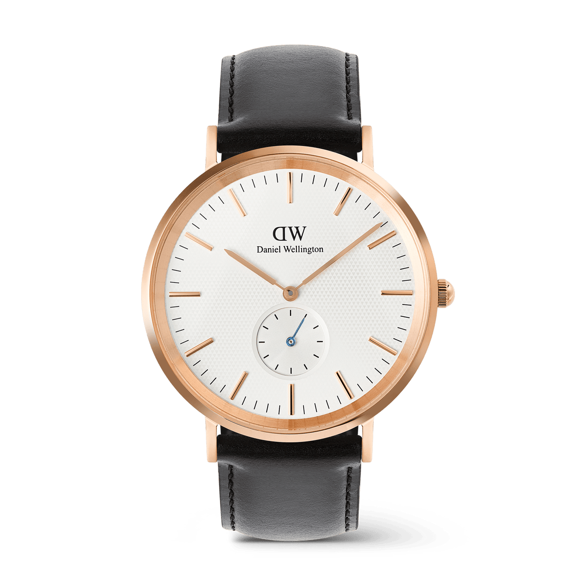 Classic Multi-Eye Sheffield watch featuring an off-white sunray dial with a subtle triangular pattern, rose gold case, blue sub-second hand, and a black leather strap.