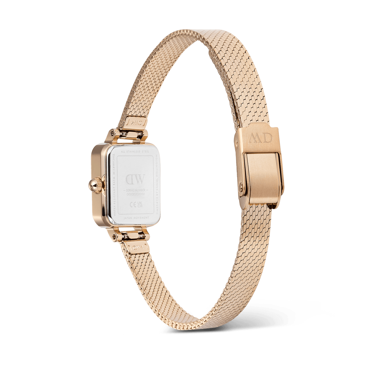Quadro Mini Reflection Rose Gold watch shown from the back, highlighting the polished rose gold mesh strap, secure clasp, and stainless steel case with engraved branding.