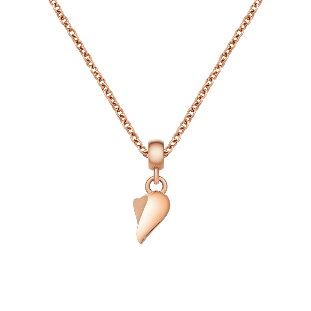 Single rose gold broken heart charm with an organic wave split, displayed on a matching rose gold chain necklace.