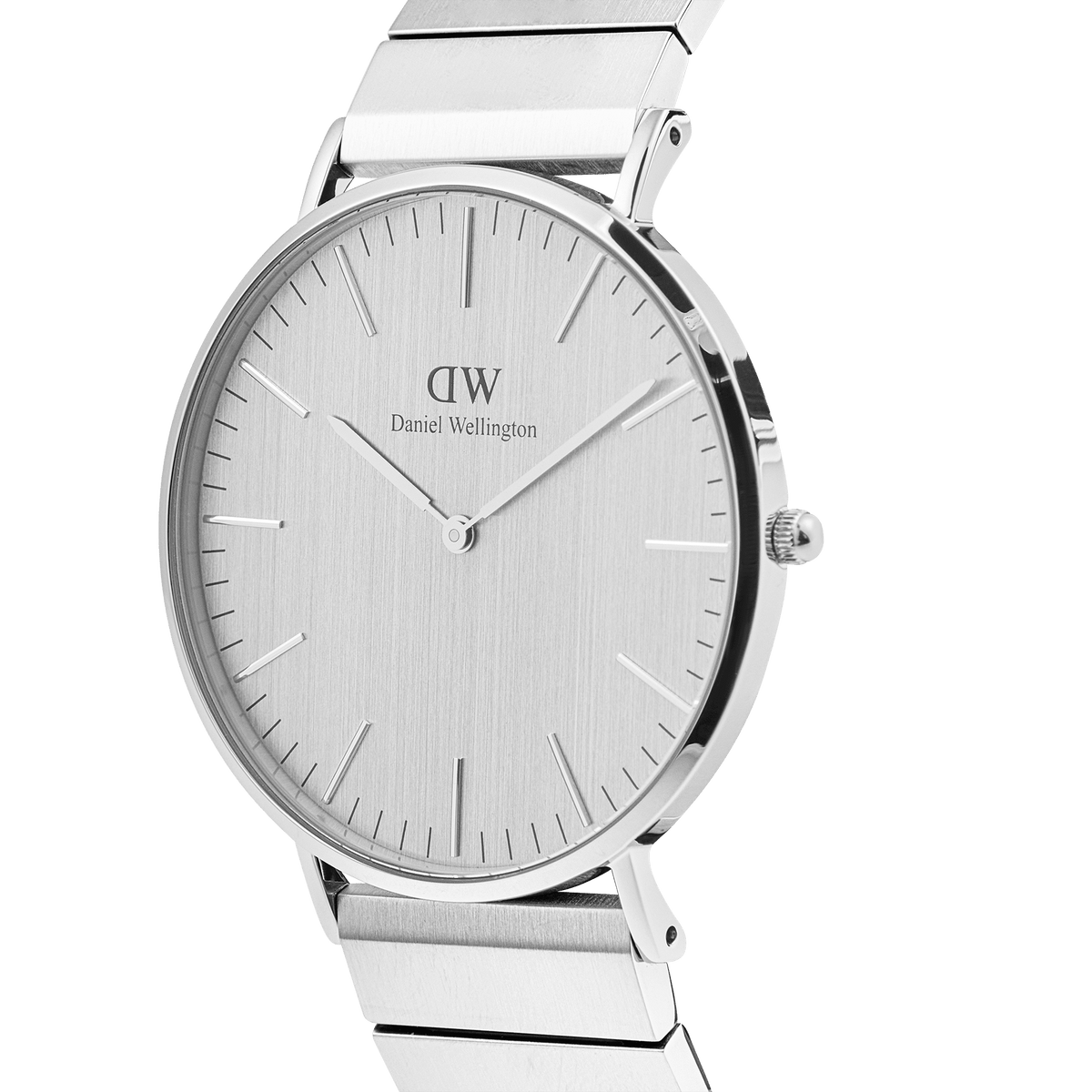 Classic Piano Link Silver Unitone watch featuring a brushed silver minimalist dial, geometric piano link stainless steel strap, and a sleek round case.