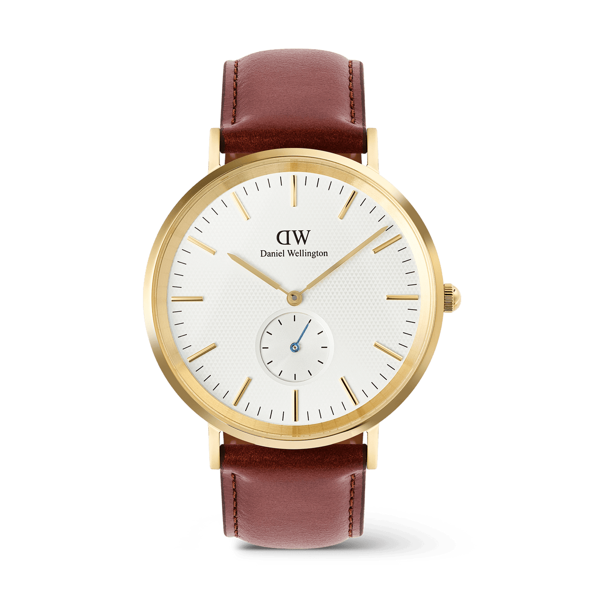 Gold Daniel Wellington Classic Multi-Eye St Mawes watch featuring an off-white sunray dial with a subtle triangular pattern, gold hour markers, a blue-tinted sub-second hand, and a brown leather strap.