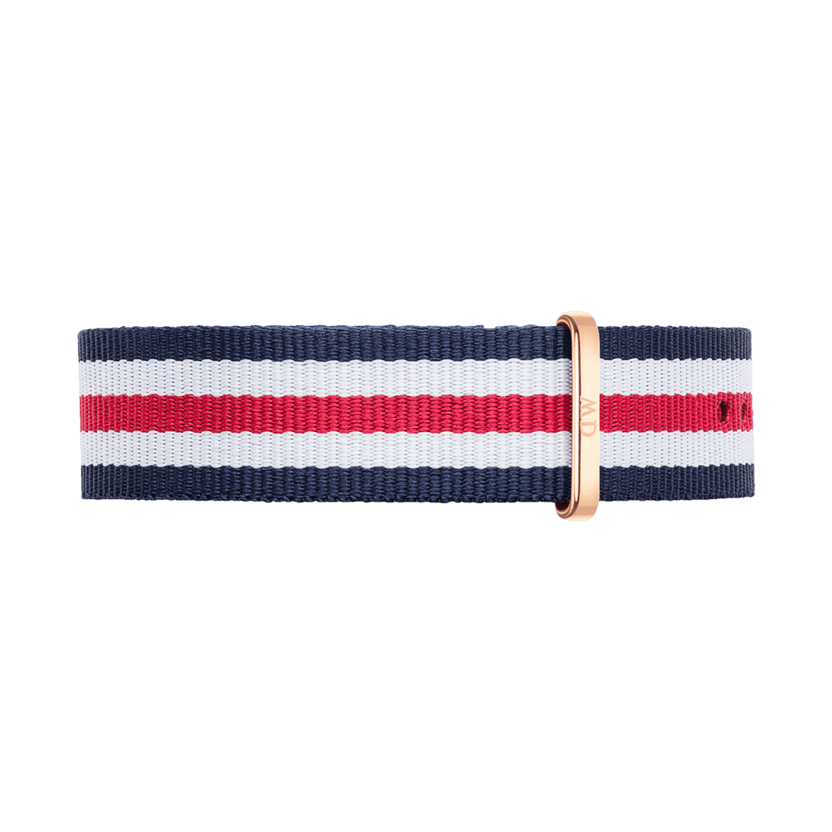 Navy blue, white, and red striped NATO watch strap with a rose gold buckle, crafted from durable polyester and designed for Daniel Wellington watches.