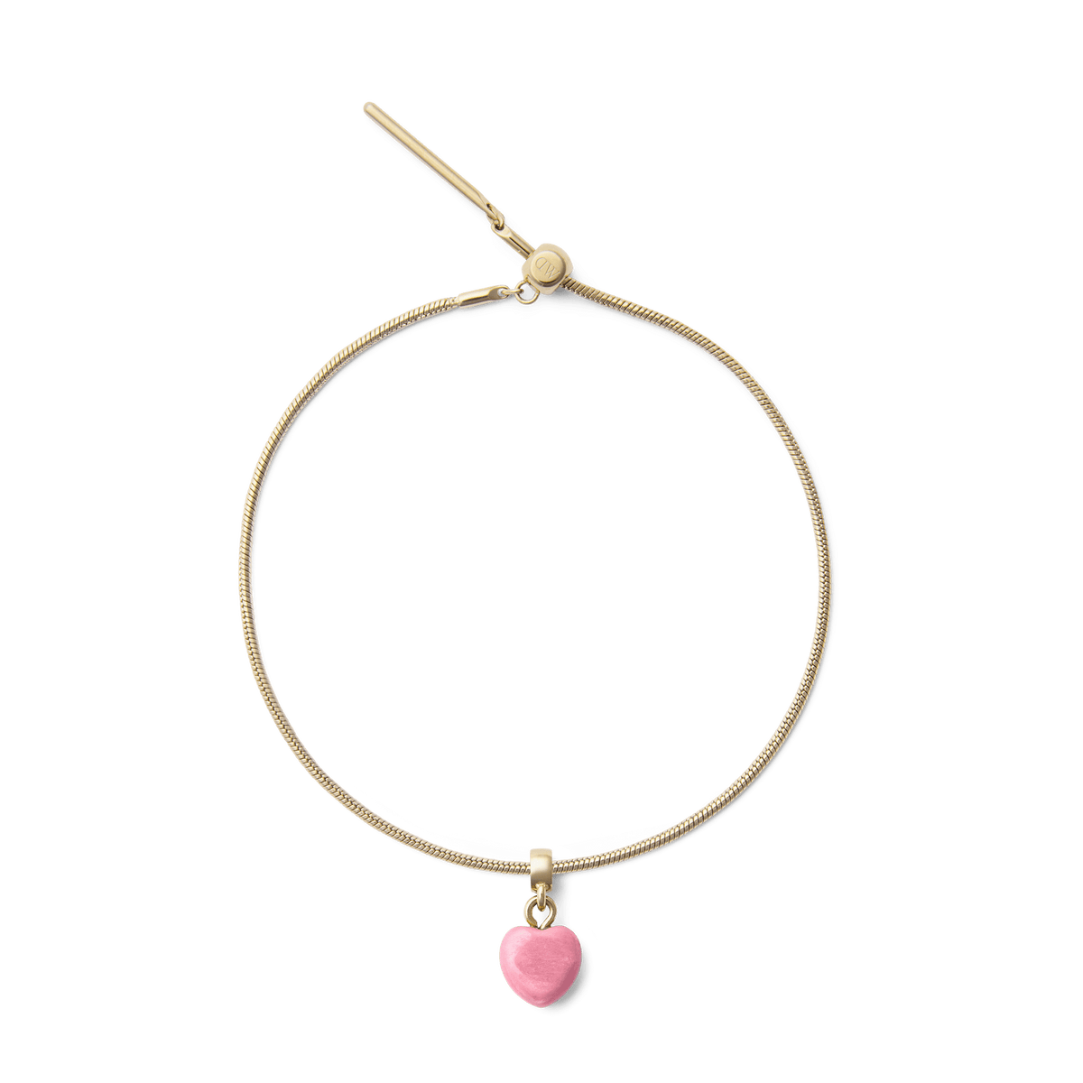 Gold bracelet with a heart-shaped rhodonite charm in soft pink, featuring a polished gold-toned bail and an adjustable clasp for a refined, contemporary style.