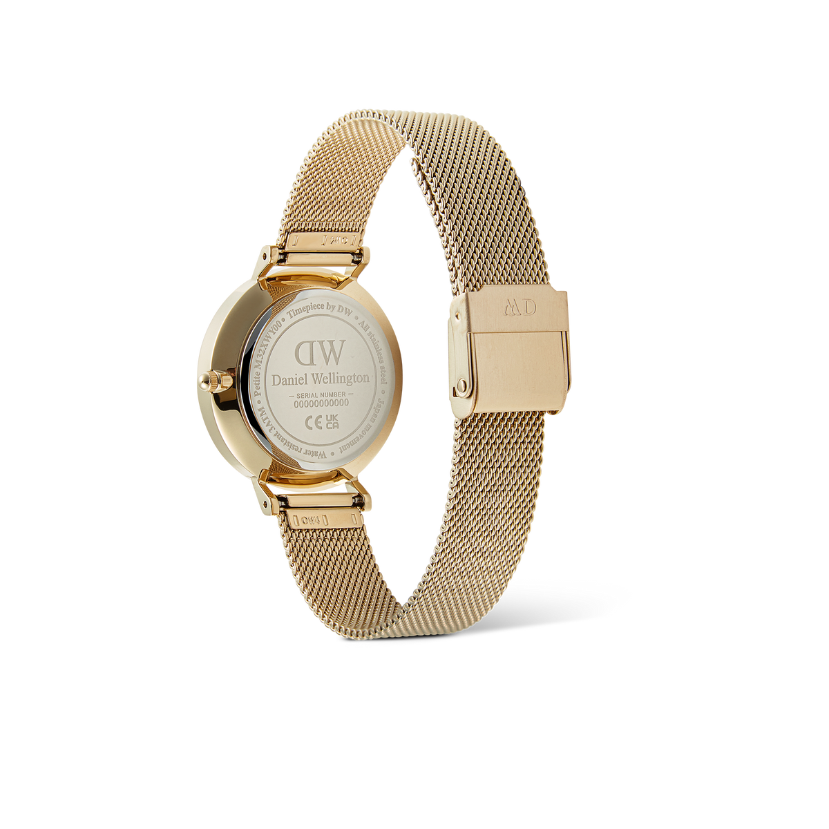 Back view of the Petite Lune Evergold watch showing the engraved caseback, gold mesh strap, and secure clasp detail.
