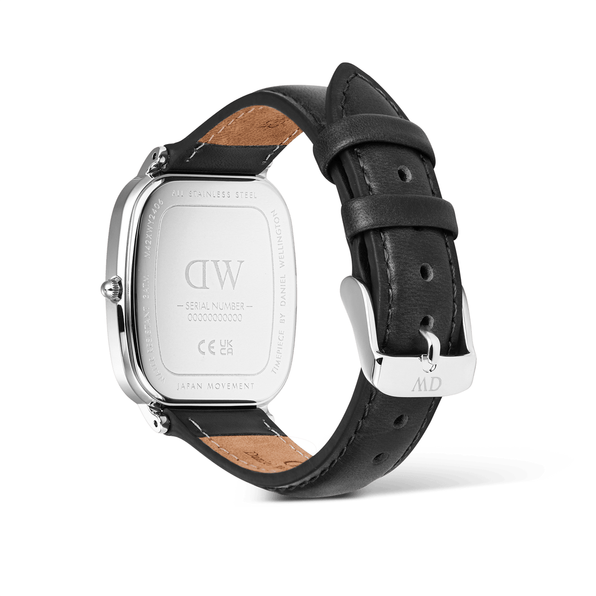 Back view of Marlon Sheffield Linen Silver watch showing engraved stainless steel case and black genuine leather strap with buckle.
