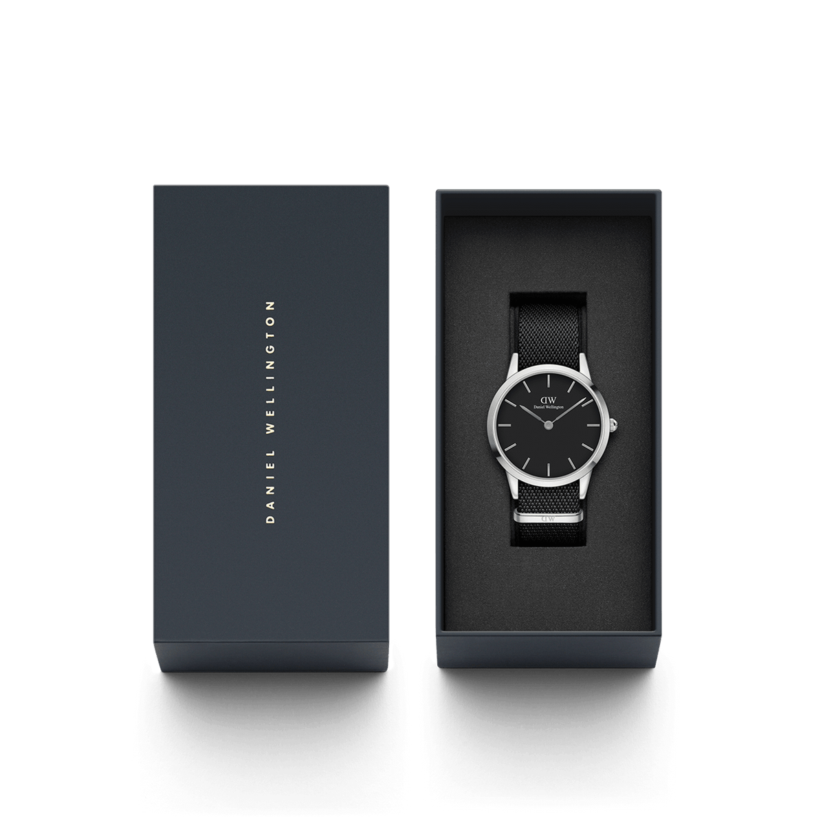 Daniel Wellington Iconic Black NATO Black Dial watch presented in an elegant dark gift box with minimalist branding.