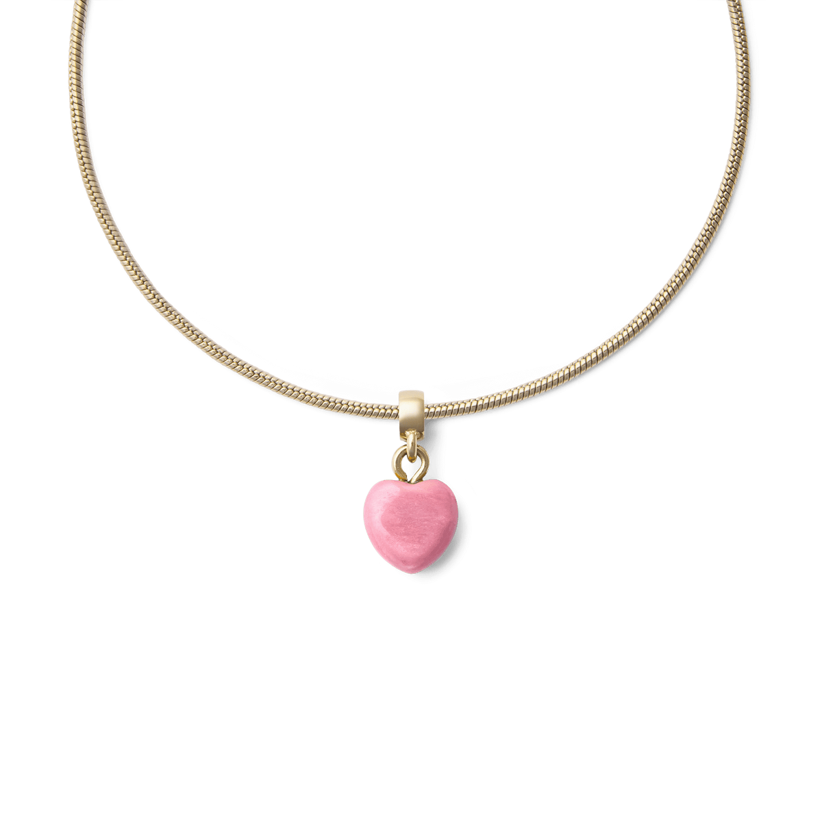 Gold necklace featuring a heart-shaped rhodonite charm in soft pink, with a polished gold-toned bail for a refined and elegant finish.