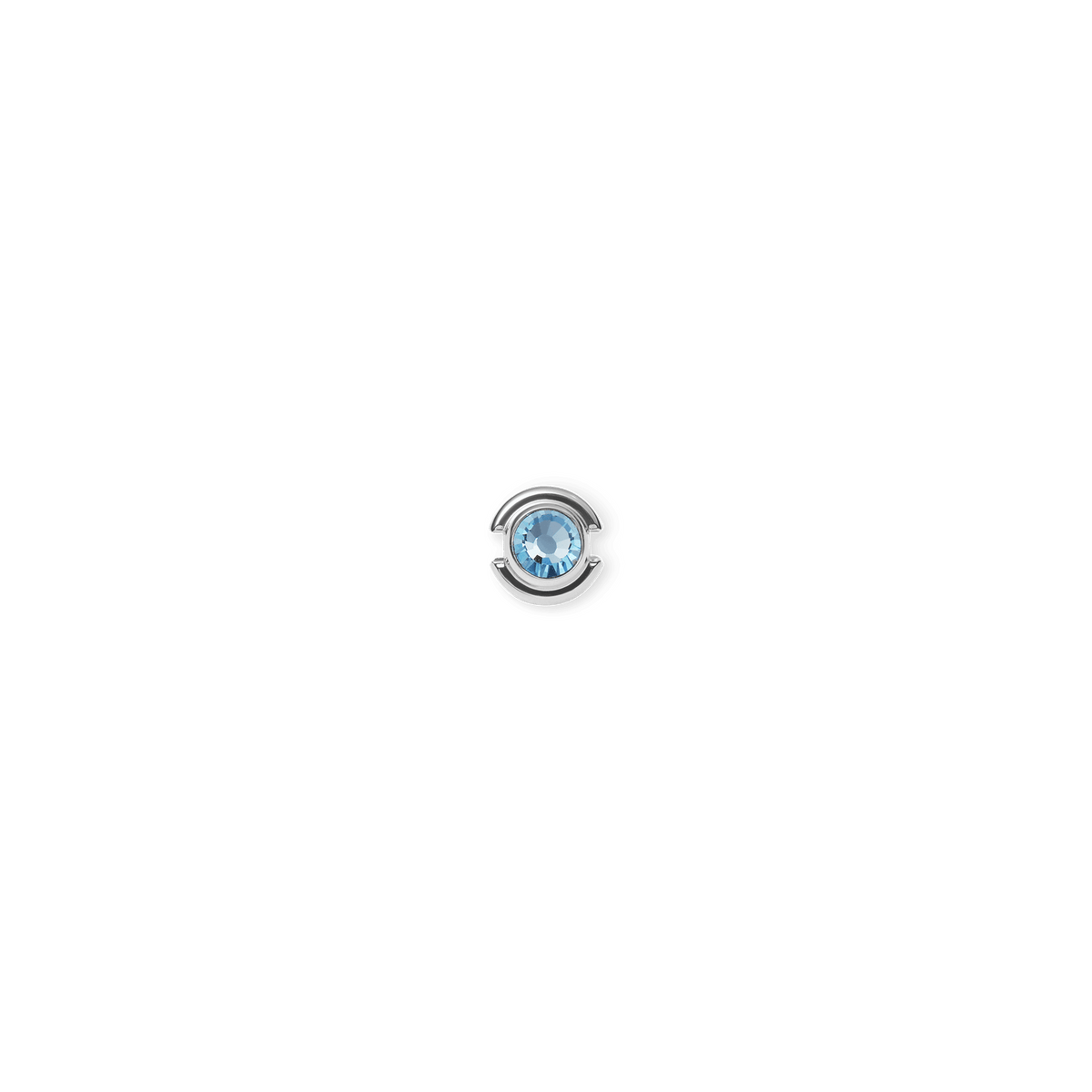 Sterling silver charm featuring a round light blue aquamarine-inspired crystal at the centre, designed for bracelets or necklaces.