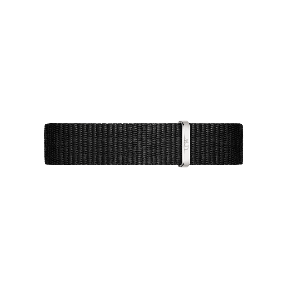 Black polyester NATO watch strap with a polished silver buckle and DW engraving, designed for Daniel Wellington watches and featuring a minimalist, versatile style.