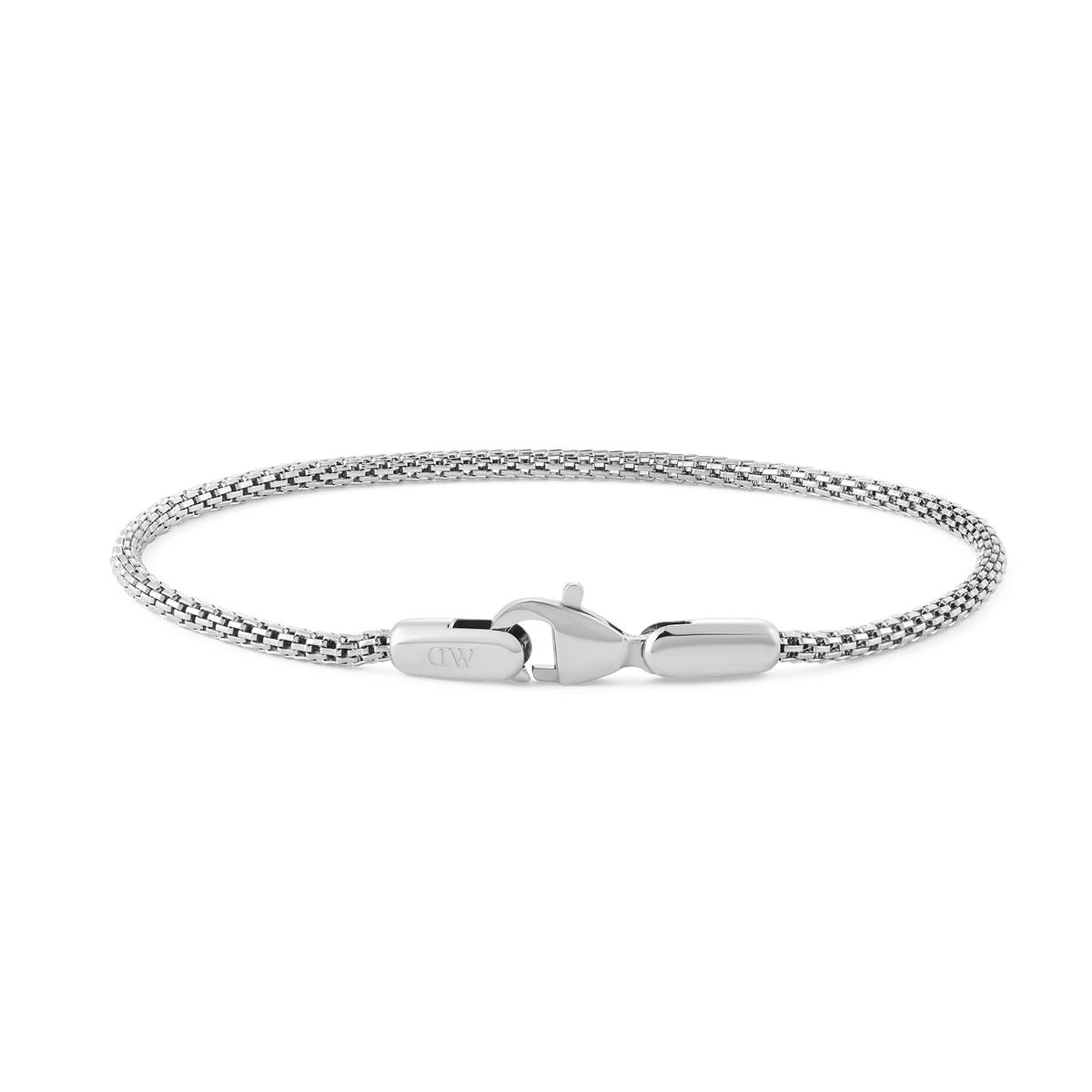 Slim sterling silver mesh bracelet with a polished finish and secure lobster clasp, designed for a refined and elegant everyday look.