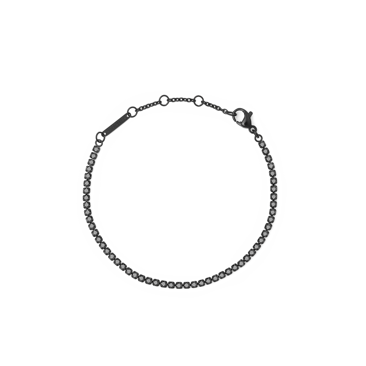 Black crystal tennis bracelet featuring a row of shimmering Preciosa black crystals set in sleek black stainless steel with an adjustable clasp.