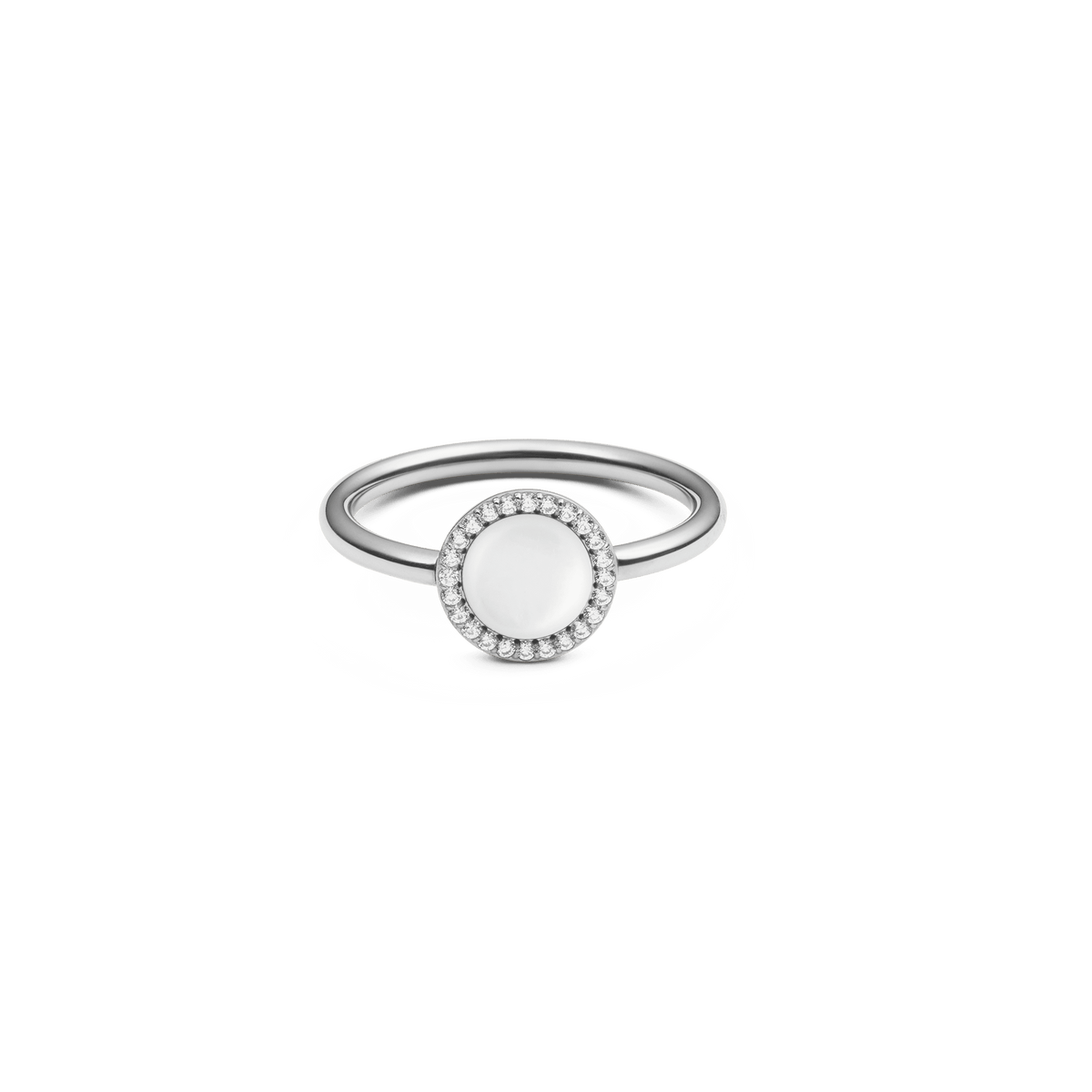 Silver ring with round mother of pearl centre, haloed by white cubic zirconia, minimalist polished band.