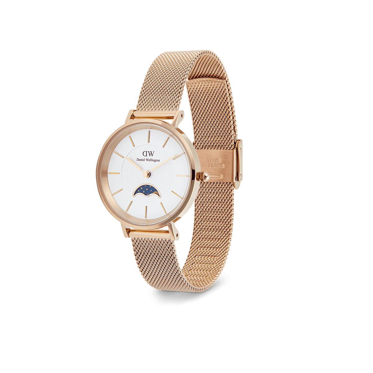 Petite Lune Melrose moon phase watch with a petite 32mm rose gold case, white dial, and an adjustable rose gold mesh strap.