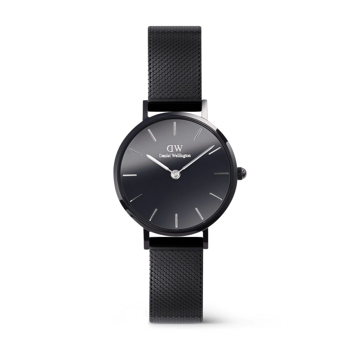 Petite Reflection Black women's watch featuring a polished black mesh strap, minimalist round case, and a distinctive mirror glass dial with silver markers and hands.