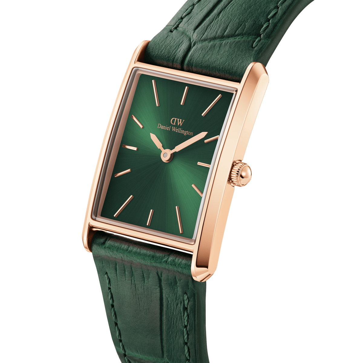 Bound Crocodile Emerald Sunray Rose Gold watch with a rectangular rose gold case, emerald green sunray dial, and deep green crocodile pattern leather strap.