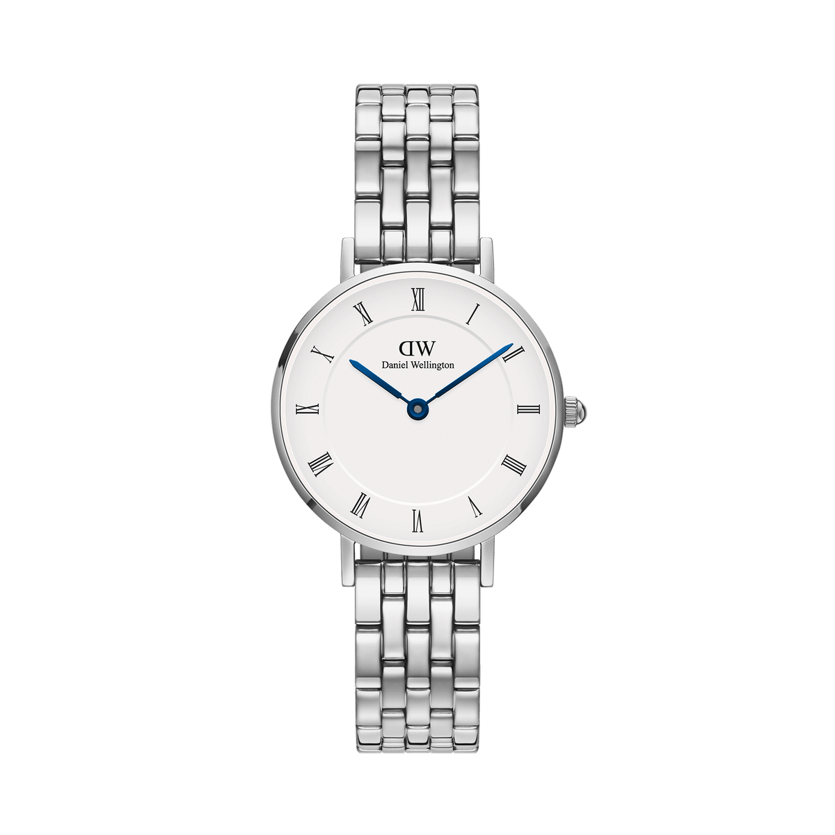 Petite silver women’s watch with 5-link bracelet, white Roman numeral dial, and blue hands by Daniel Wellington.