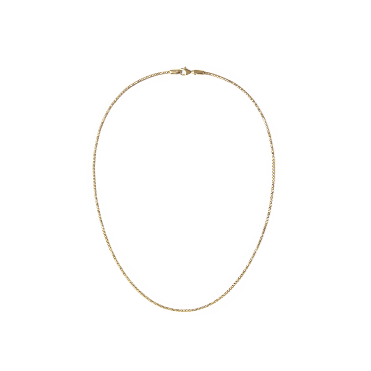 Slim gold mesh necklace with a delicate texture, featuring a secure lobster clasp and a subtle, elegant finish inspired by classic watch straps.