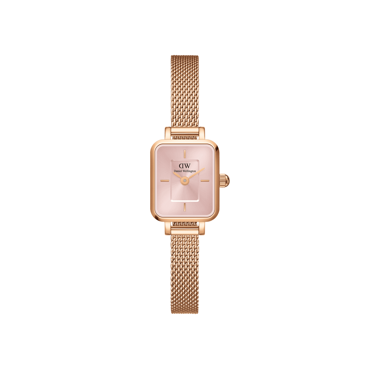 Quadro Mini Melrose Blush women’s watch featuring a petite rectangular rose gold case, blush pink sunray dial, minimalist index markers, and a slim rose gold mesh bracelet.
