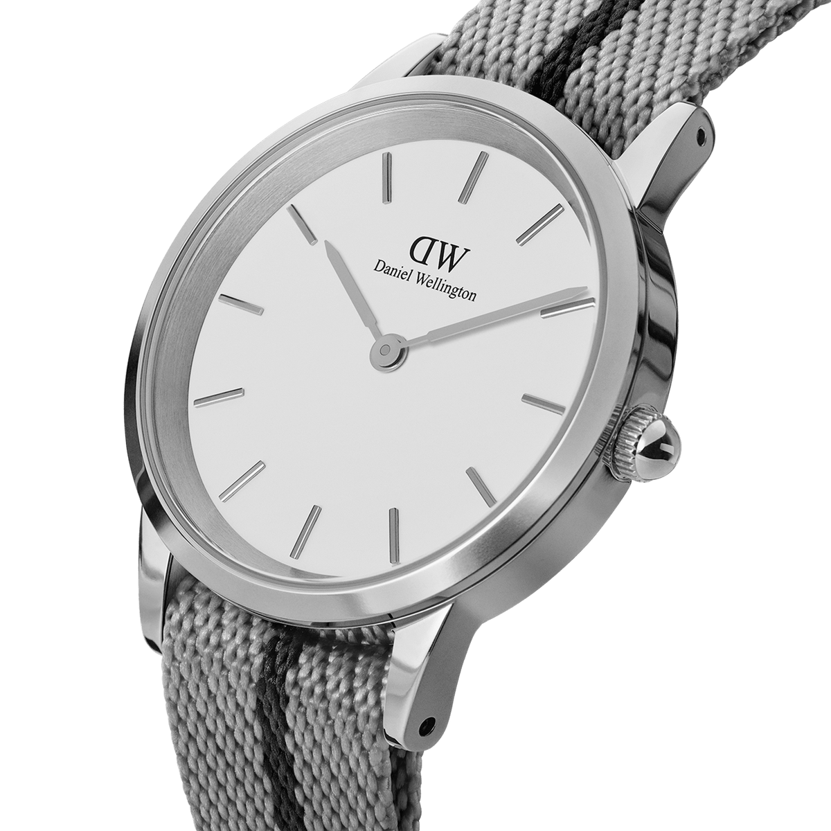Daniel Wellington Iconic NATO Grey/Black watch featuring a polished silver case, minimalist white dial, and a textured grey recycled nylon strap with a black stripe.
