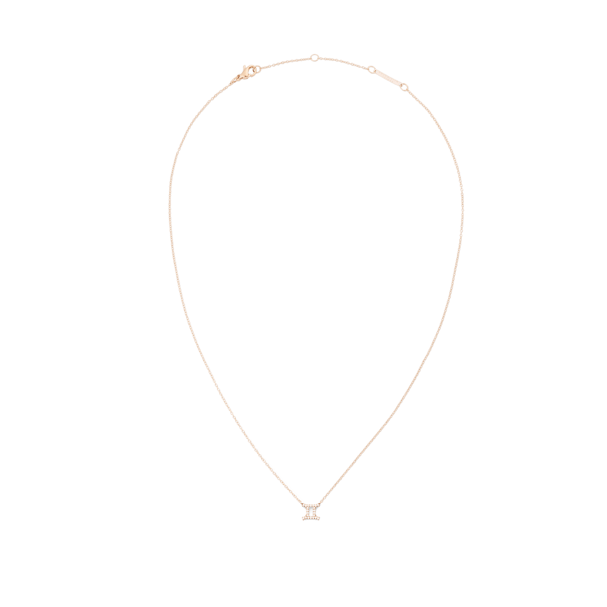 Delicate rose gold chain necklace with an adjustable length, featuring a crystal-set Gemini zodiac pendant at the centre.