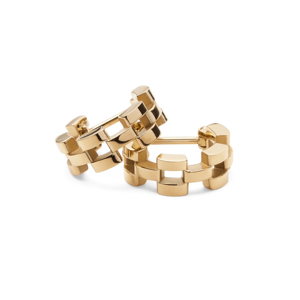 Pair of small gold 3-link earrings with a geometric, polished finish inspired by watch strap links, shown against a plain background.