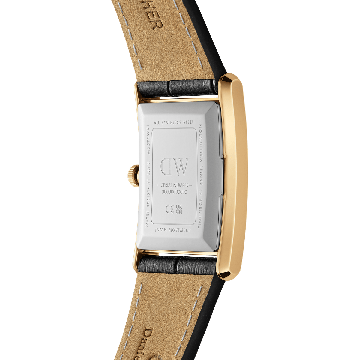 Close-up of the Bound Black Crocodile Gold watch case back, showing the engraved stainless steel backplate, gold rectangular case, and black crocodile-embossed leather strap with tan lining. The detailing highlights the quality craftsmanship and Japanese movement.