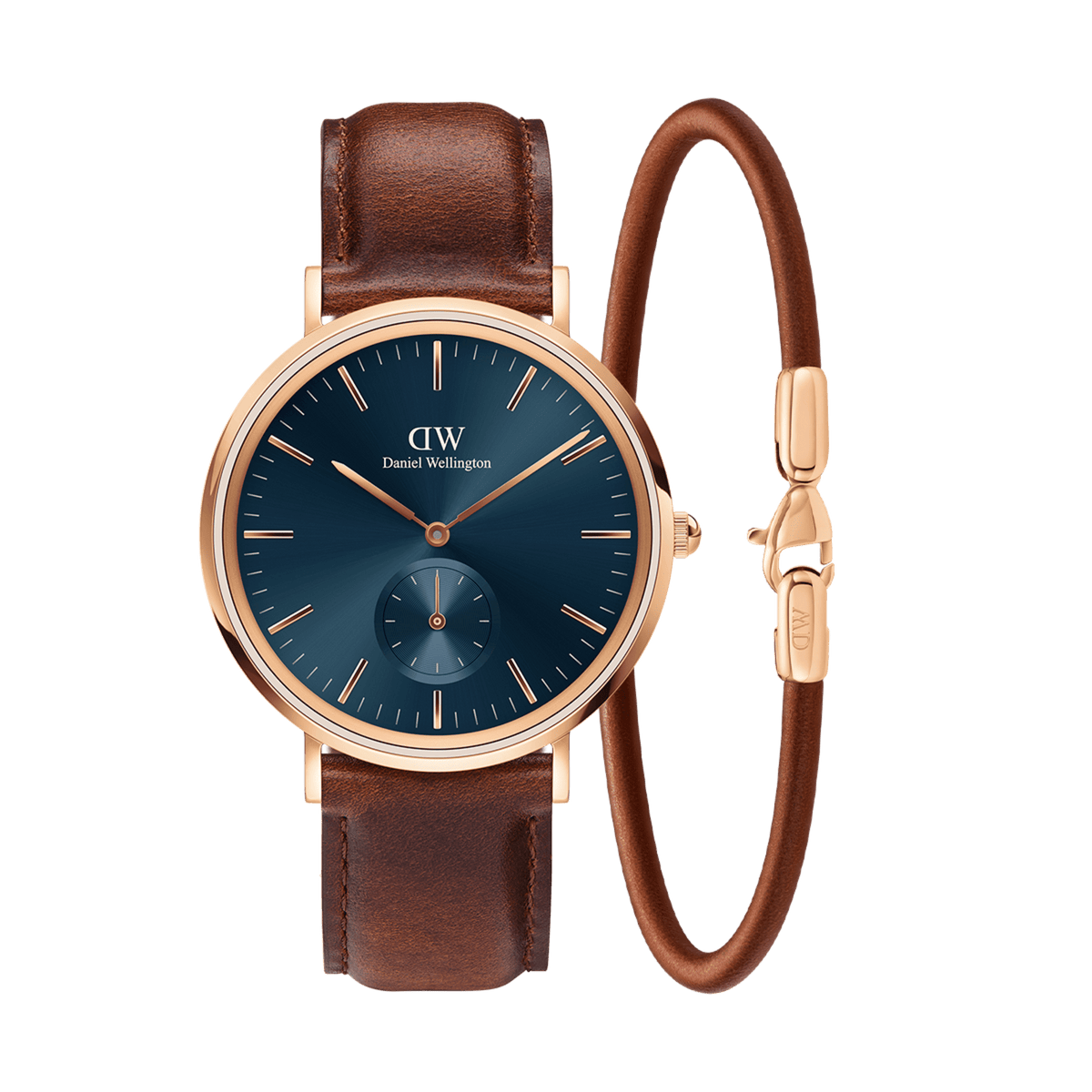 Daniel Wellington Classic Multi Eye St Mawes Arctic watch with a deep blue dial, rose gold case, and brown leather strap, paired with a matching slim rose gold and brown bracelet.
